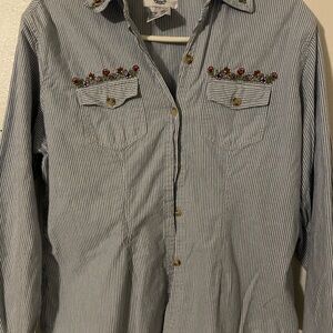 Vintage Solutions Seersucker Western Shirt L Embroidered Flowers Blue White